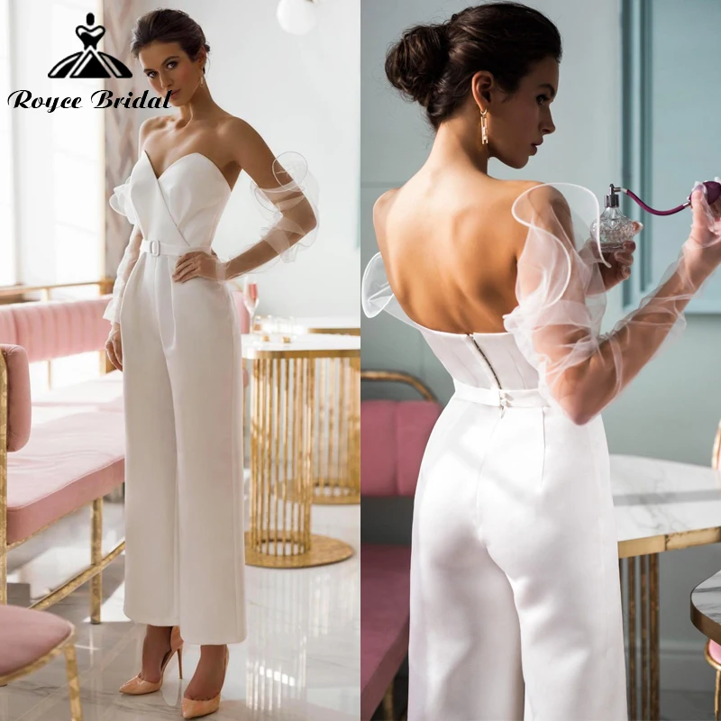 Top Trends: Modern Sweetheart With Detachable Sleeve Jumpsuits Wedding Dresses Satin Bridal Gowns Sashes Pants Beach Boho Vestido De Novia Shoppable Styles