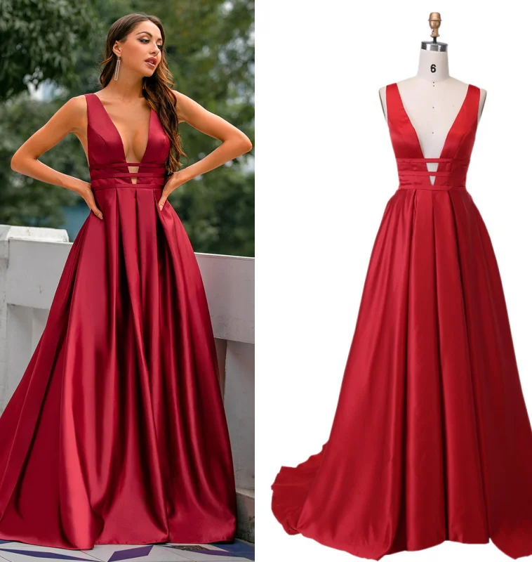 Top Trends: Sexy Deep V-Neck Red Party Dress Winter Evening Dresses A-Line Satin Prom Dresses Long Elegant Evening Gown Robe De Soiree Shoppable Styles