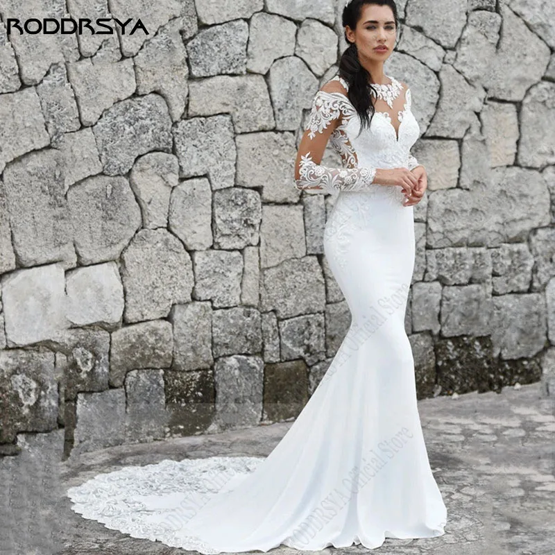 Top Trends: RODDRSYA Mermaid Wedding Dress Illusion Scoop Lace Back Buttons Vestidos De Noiva Mariage Bridal Gown Bride Satin Applique Train Shoppable Styles