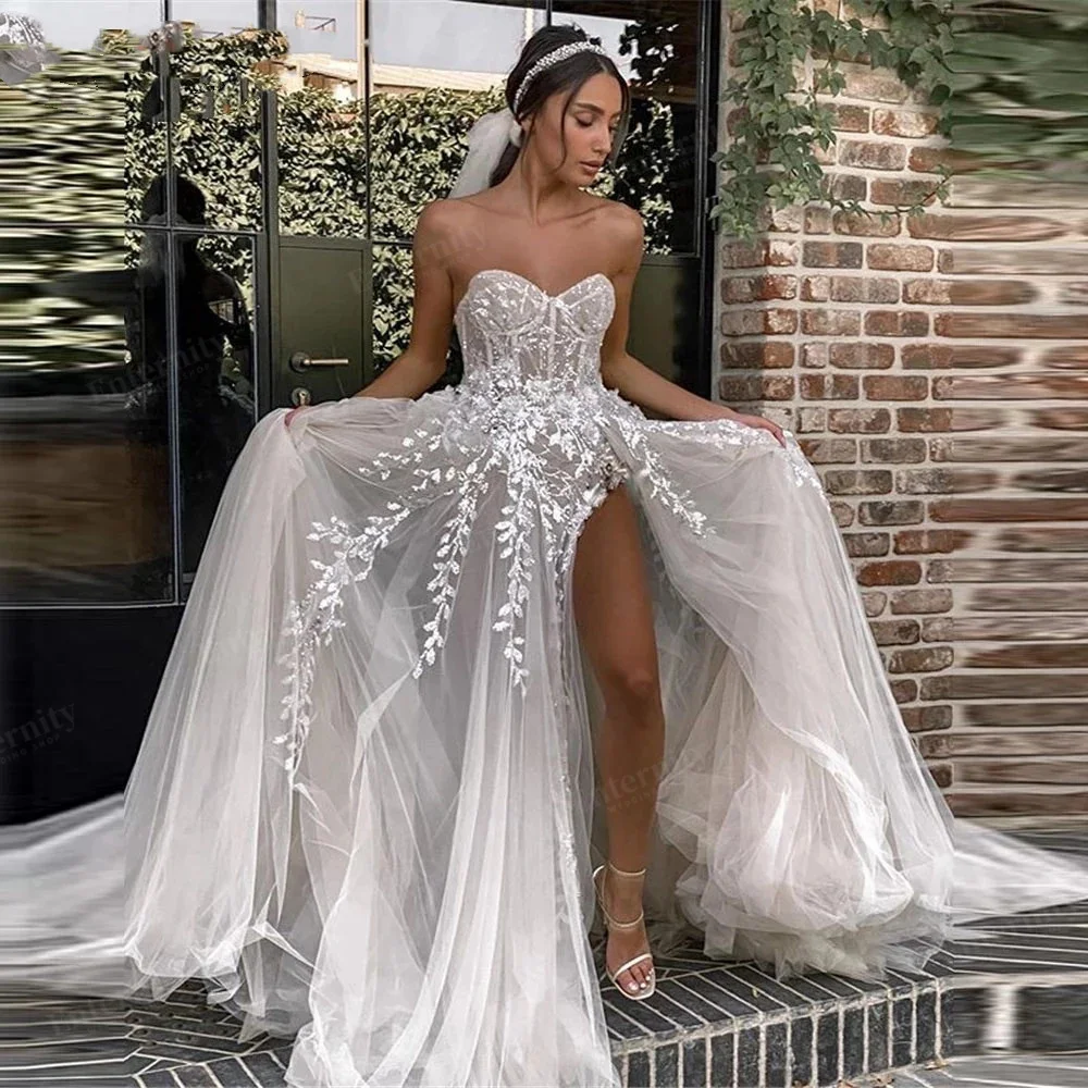 Top Trends: Beach Sweetheart Wedding Gowns For Bride Elegant Boho Bridal Dress Lace Appliques Sleeveless High Split Sexy Vestidos De Novia Shoppable Styles - Image 2