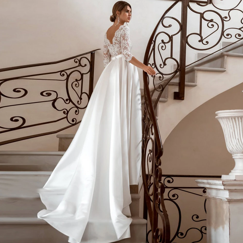 Top Trends: Simple Wedding Dresses For Women Three Quarter Sleeve V Neck Sweep Train Floor Length Button Lace Satin Bridal Gowns Plus Size Shoppable Styles - Image 2