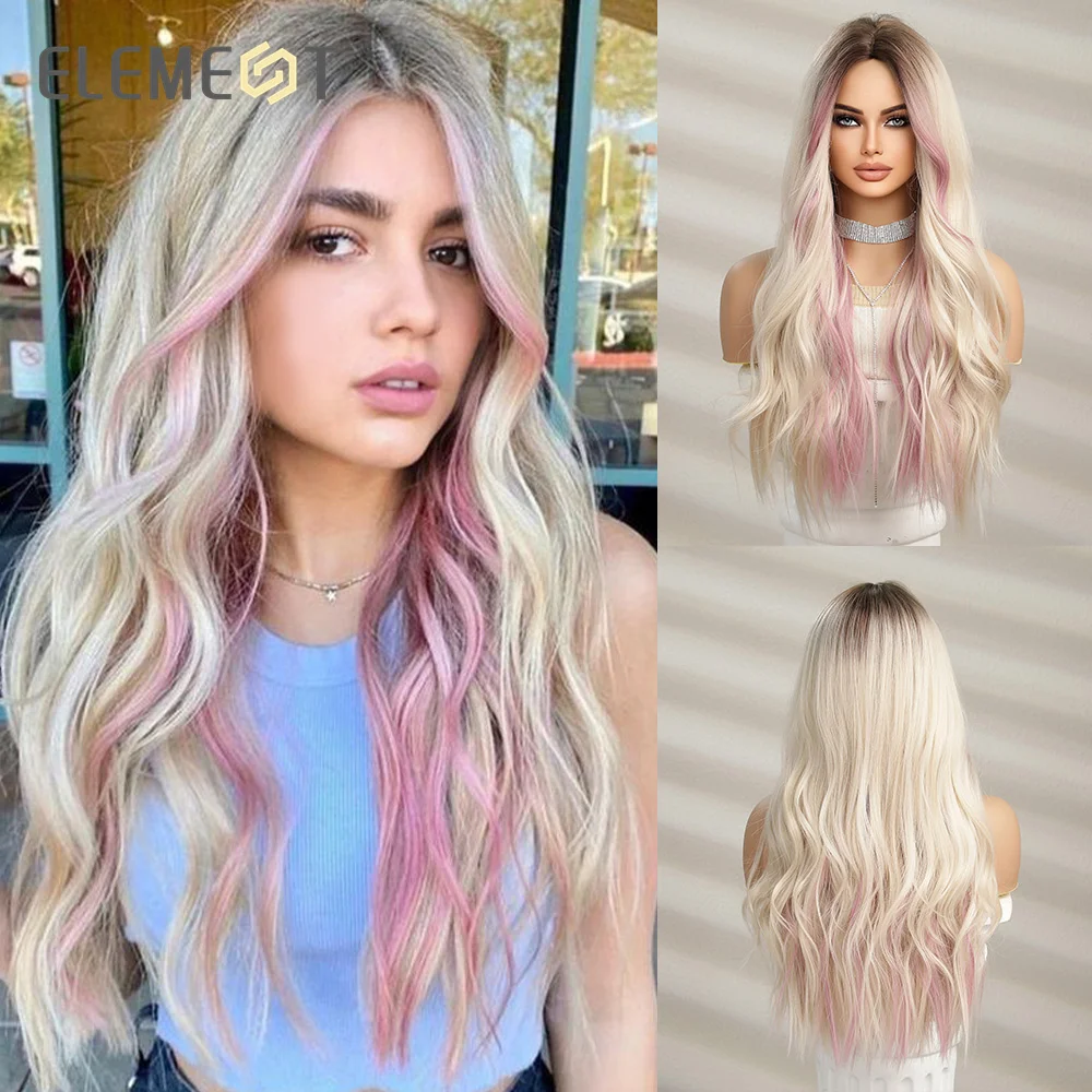 Top Trends: ELEMENT Youthful Synthetic Wig Long Wavy Curly Ombre Blonde Mixed Pink Wigs For Women Heat Resistant Party Daily Hair Natural Shoppable Styles