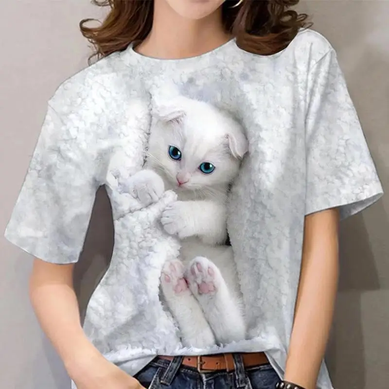 Top Trends: New Women's T-Shirt Summer Women's Cute Cat Print 3D Print Crewneck T-Shirt Kawaii Loose Short Sleeve Shoppable Styles