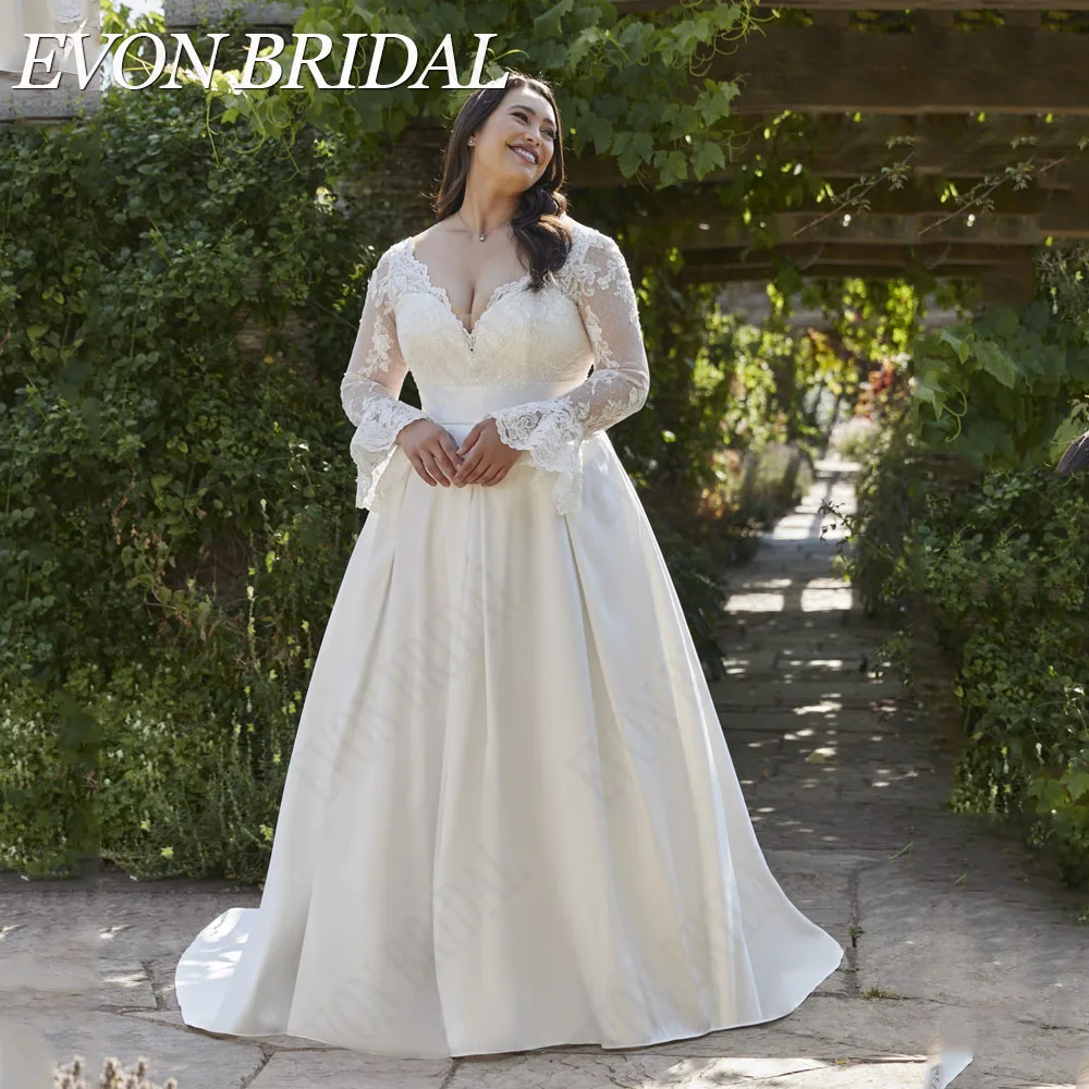 Top Trends: EVON BRIDAL Vintage Plus Size Lace Wedding Dress V-Neck Satin A-Line Vestidos Novias Boda Bride Gowns Applique Custom Made Shoppable Styles