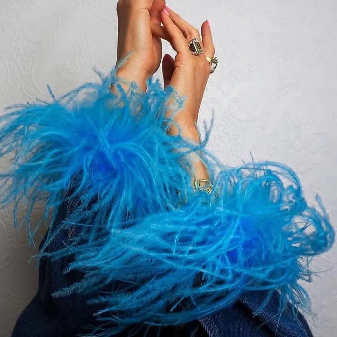 Top Trends: Lake Blue Ostrich Feathers Cuff Snap On 1pair=2pcs Cuff Bracelets For Women Bracelet Wedding Feathers Feather Cuff Snap Shoppable Styles