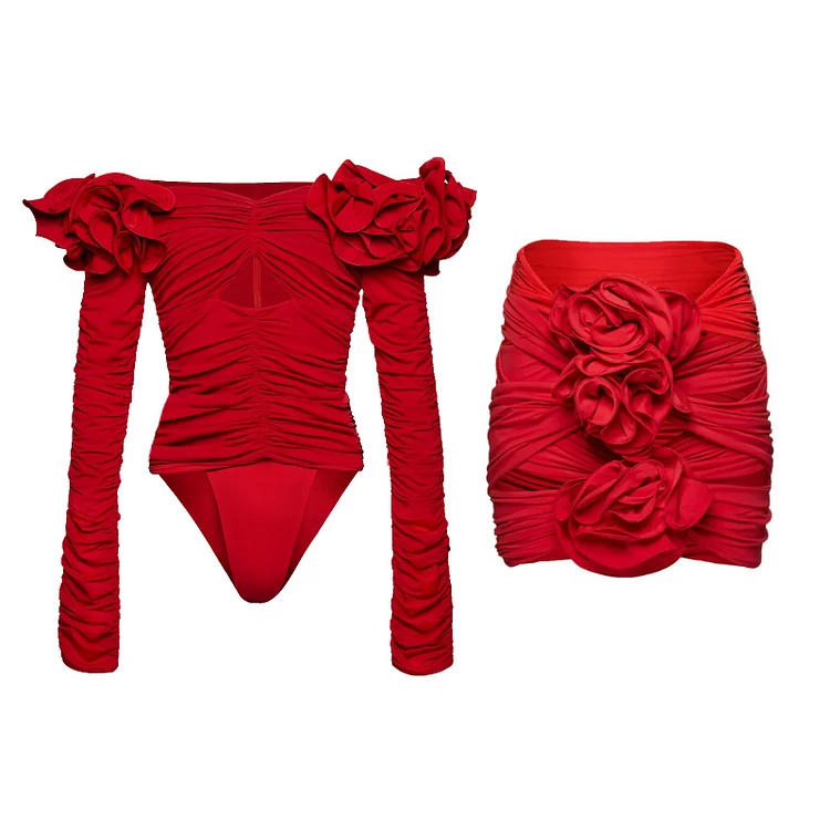 Top Trends: 2024 Red Off Shoulder 3D Flower Long Sleeve One Piece Swimsuit Set Swimwear Women Beachwear Bathing Suit Bikini Set Body Suit Shoppable Styles