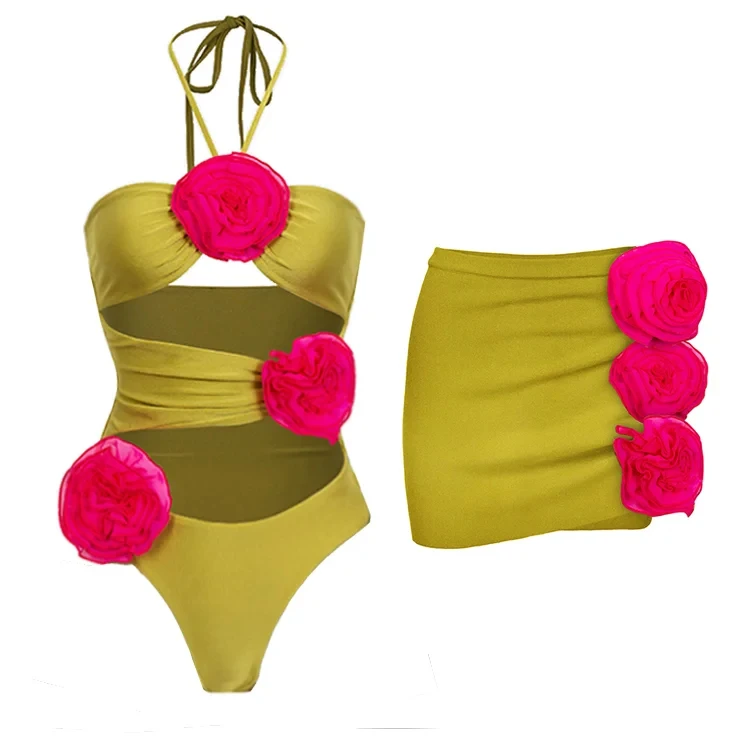 Top Trends: 2023 New Fashion 3D Flower Color Block Cut Out Halter One Piece Swimsuit And Skirt Summer Swimwear Women Beachwear Bathing Suit Shoppable Styles