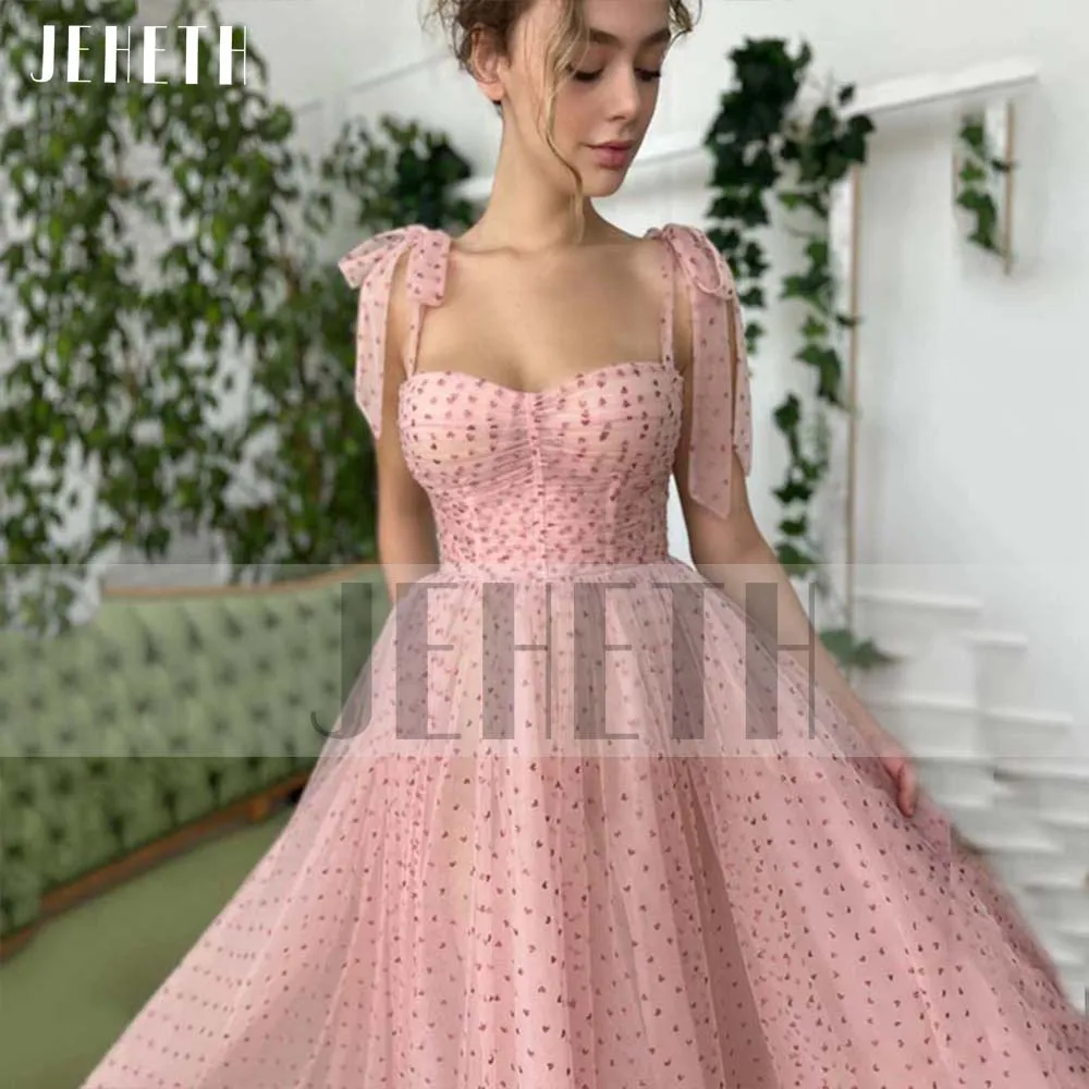 Top Trends: JEHETH Pink Elegant Heart Print Tulle Prom Dress 2022 Sweetheart Spaghetti Straps A Line Backless Evening Party Gown Tea Length Shoppable Styles - Image 6