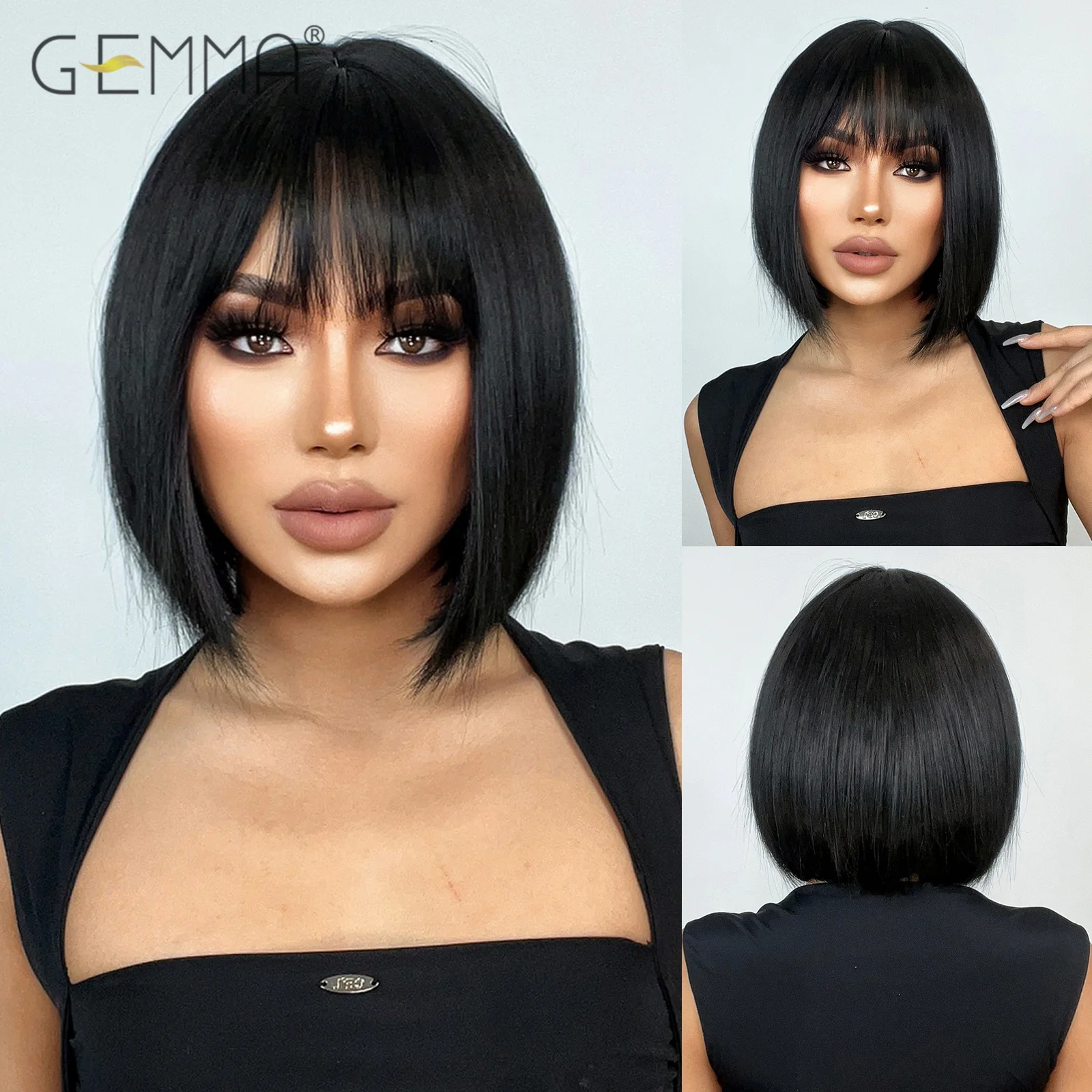 Top Trends: GEMMA Bob Synthetic Wigs Short Black Hair Wig With Bangs For American Women Natural Cosplay Party Daily Heat Resistant Fibre Shoppable Styles