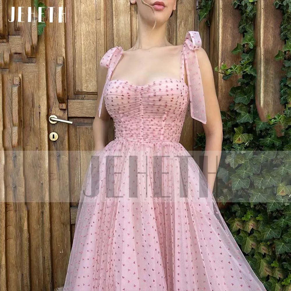 Top Trends: JEHETH Pink Elegant Heart Print Tulle Prom Dress 2022 Sweetheart Spaghetti Straps A Line Backless Evening Party Gown Tea Length Shoppable Styles - Image 3