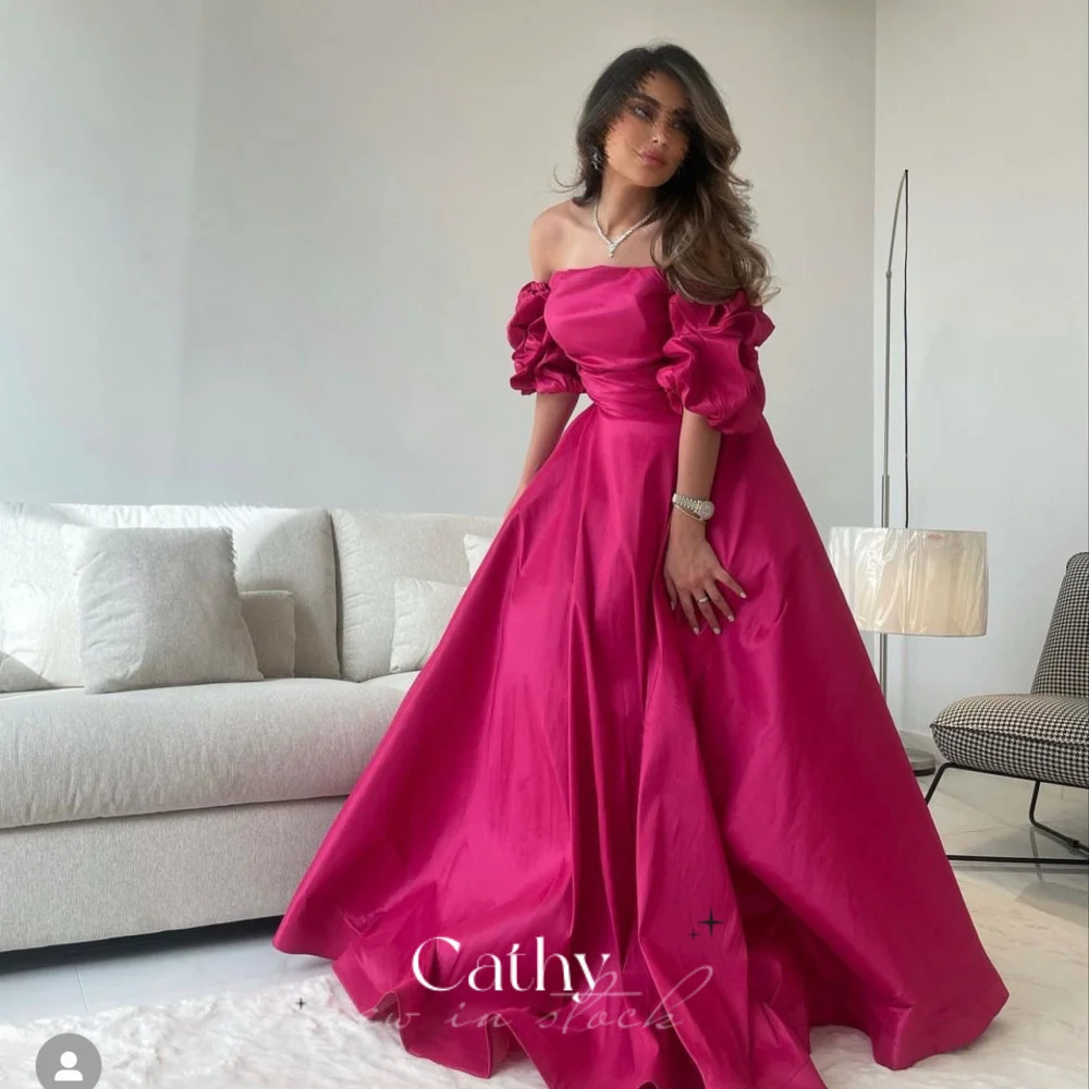 Top Trends: Cathy Elegant Rose Pink A-line Prom Dress Sexy Puffy Sleeve Party Dress Silk Satin Evening Dress Satin Sweep Tail فستان سهرة Shoppable Styles