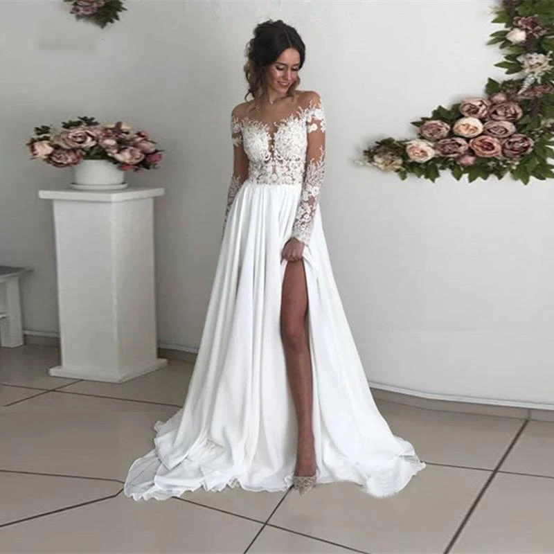 Top Trends: Boho Long Sleeves Wedding Dress For Women O-Neck Appliques Chiffon Side Slit Bridal Gown Sexy Beach Vestido De Novia Plus Size Shoppable Styles