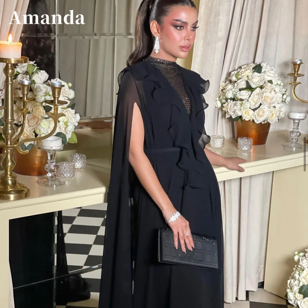 Top Trends: Amanda Black Silk Chiffon فستان سهرة Cape V-neck Party Dress Floor Lenght Evening Dresses Sleeveless A-line Prom Dress Shoppable Styles