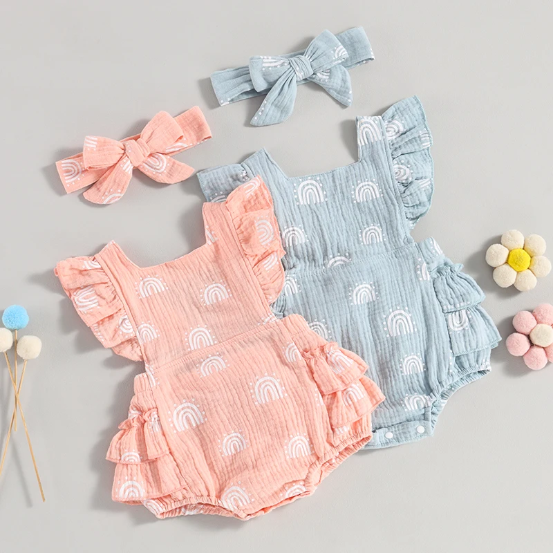 Top Trends: Baby Girl Summer Clothes Floral Ruffle Sleeve Cotton Linen Romper Dress Bodysuit With Headband Cute Fashion Outfit (Pink / Blue) Shoppable Styles