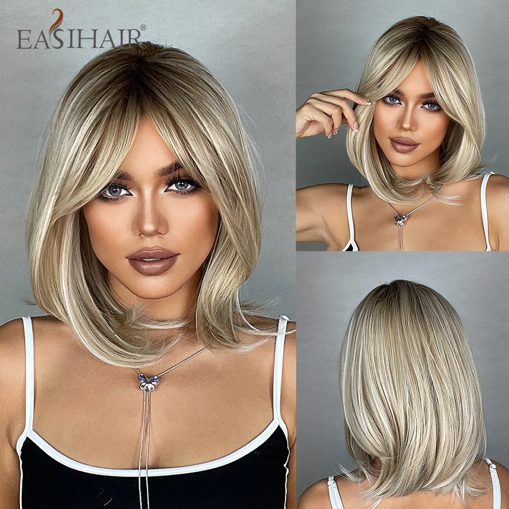 Top Trends: EASIHAIR Brown Root Ombre Blonde Synthetic Wigs Medium Length Natural Hair For Women Cosplay Wig With Bangs Heat Resistant Wig Shoppable Styles