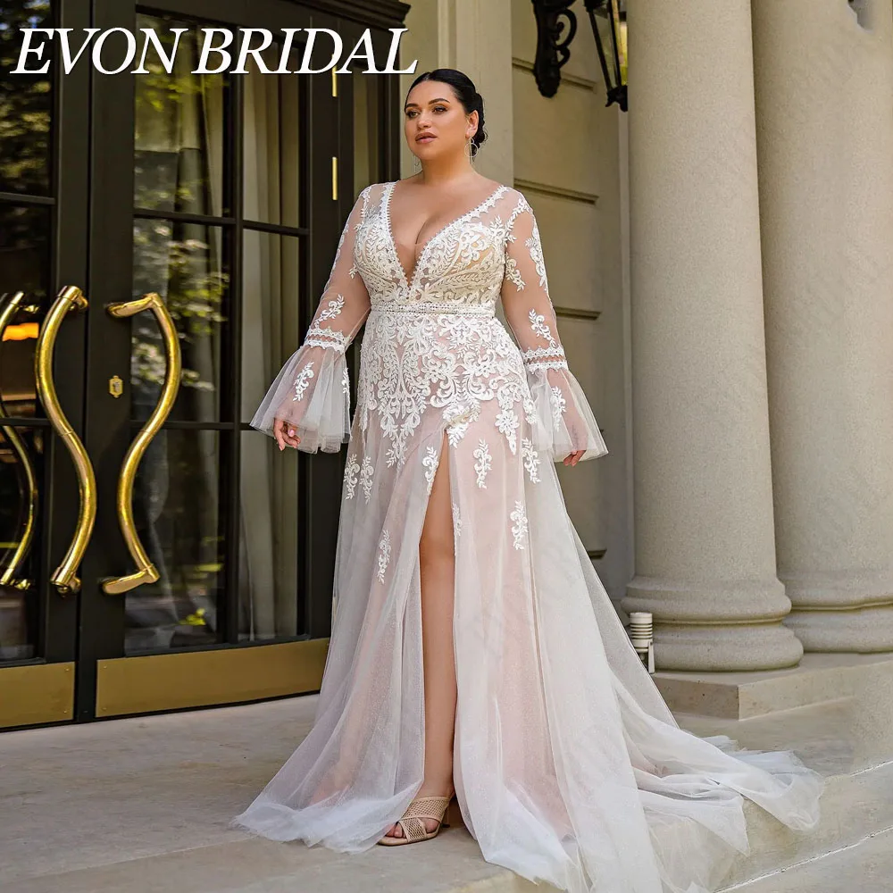 Top Trends: EVON BRIDAL Boho Plus Size Wedding Dress Long Sleeves Illusion Back Applique A-Line Bride Gowns See Through Vestido De Novia Shoppable Styles