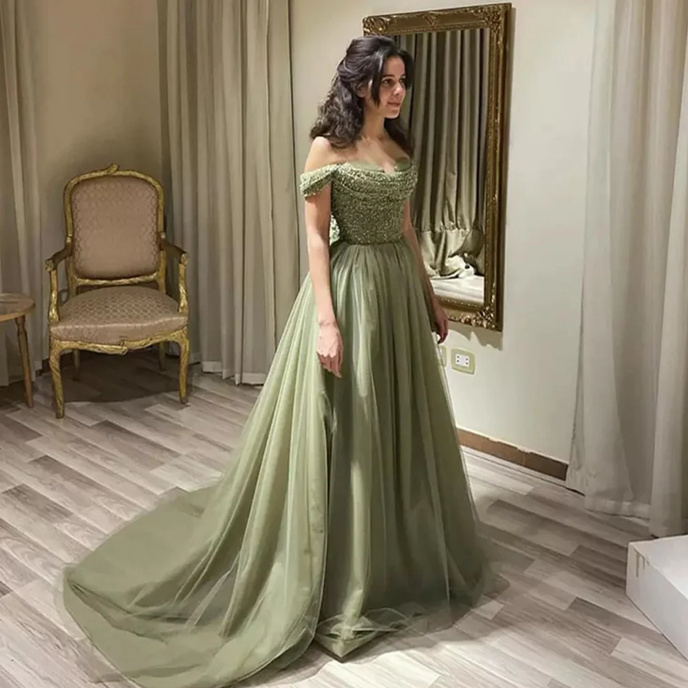 Top Trends: Sage Green A-Line Prom Gown Sweetheart Beading Sequined Off The Shoulder Tulle Formal Evening Dresses Backless Long Party Dress Shoppable Styles