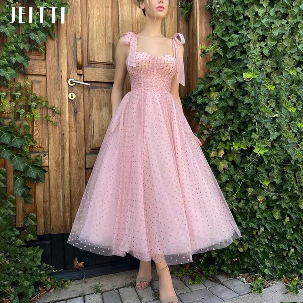 Top Trends: JEHETH Pink Elegant Heart Print Tulle Prom Dress 2022 Sweetheart Spaghetti Straps A Line Backless Evening Party Gown Tea Length Shoppable Styles