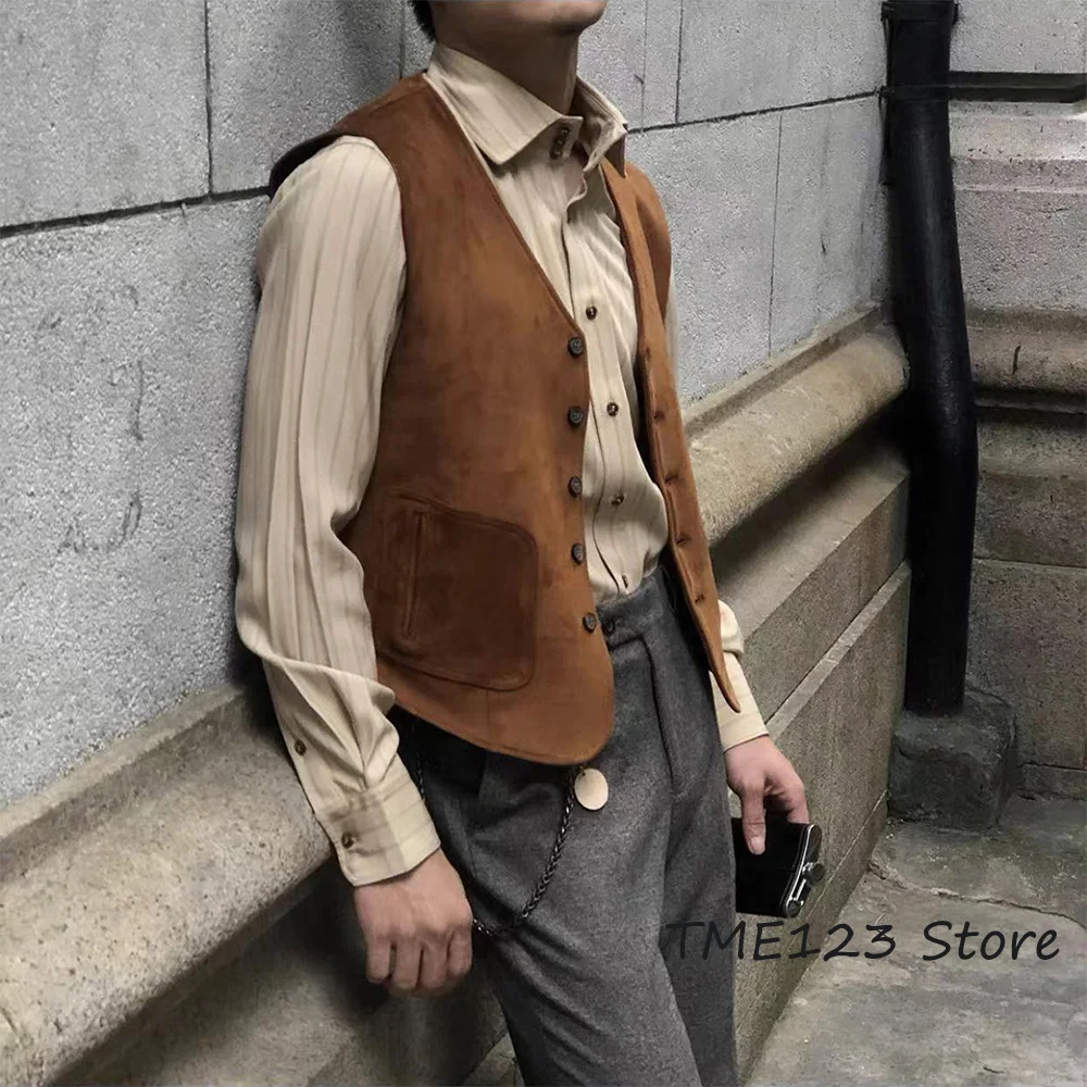 Top Trends: Men&#039;s Deerskin Vest Fashion Retro Casual Solid Color V-neck Single-breasted Western Sleeveless Men&#039;s Vest Suit Vest Shoppable Styles