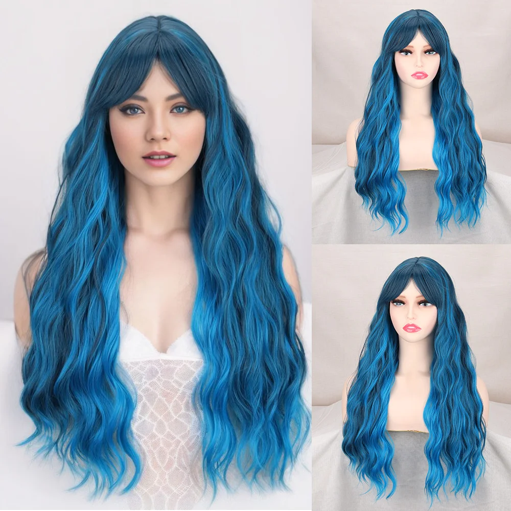 Top Trends: Long Blue Synthetic Wigs Natural Wavy With Bangs High Temperature Fiber Wigs For Women Cosplay Party Daily Wigs Shoppable Styles