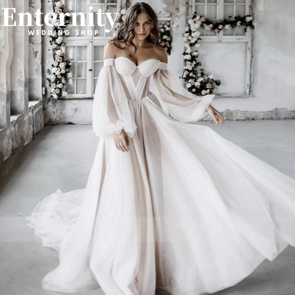 Top Trends: Princess Off The Shoulder Wedding Dress A Line 3 / 4 Puff Sleeve For Women 2022 Bride Bow Back Robe De Soirée De Mariage Custom Shoppable Styles