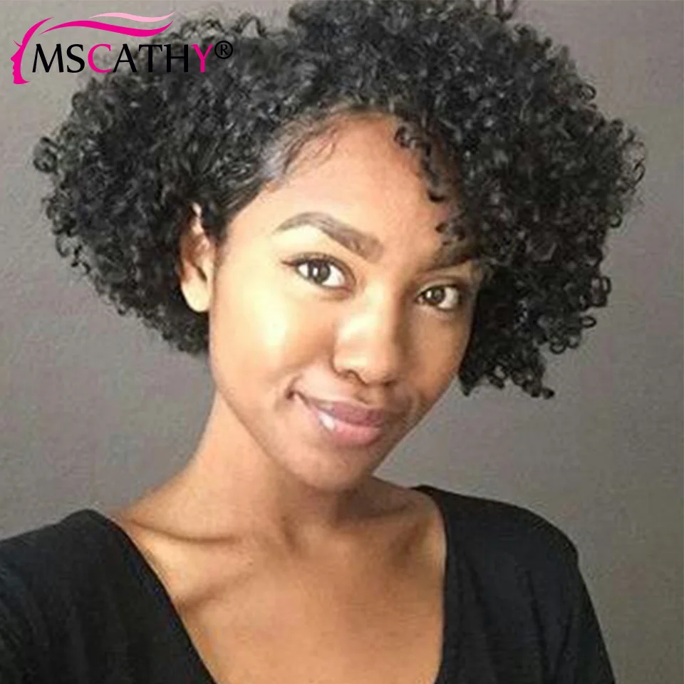 Top Trends: Pixie Cut Human Hair Wigs For Women No Lace Full Machine Made Wig Afro Kinky Curly Wig With Bangs Natural Black Colored Wig Shoppable Styles