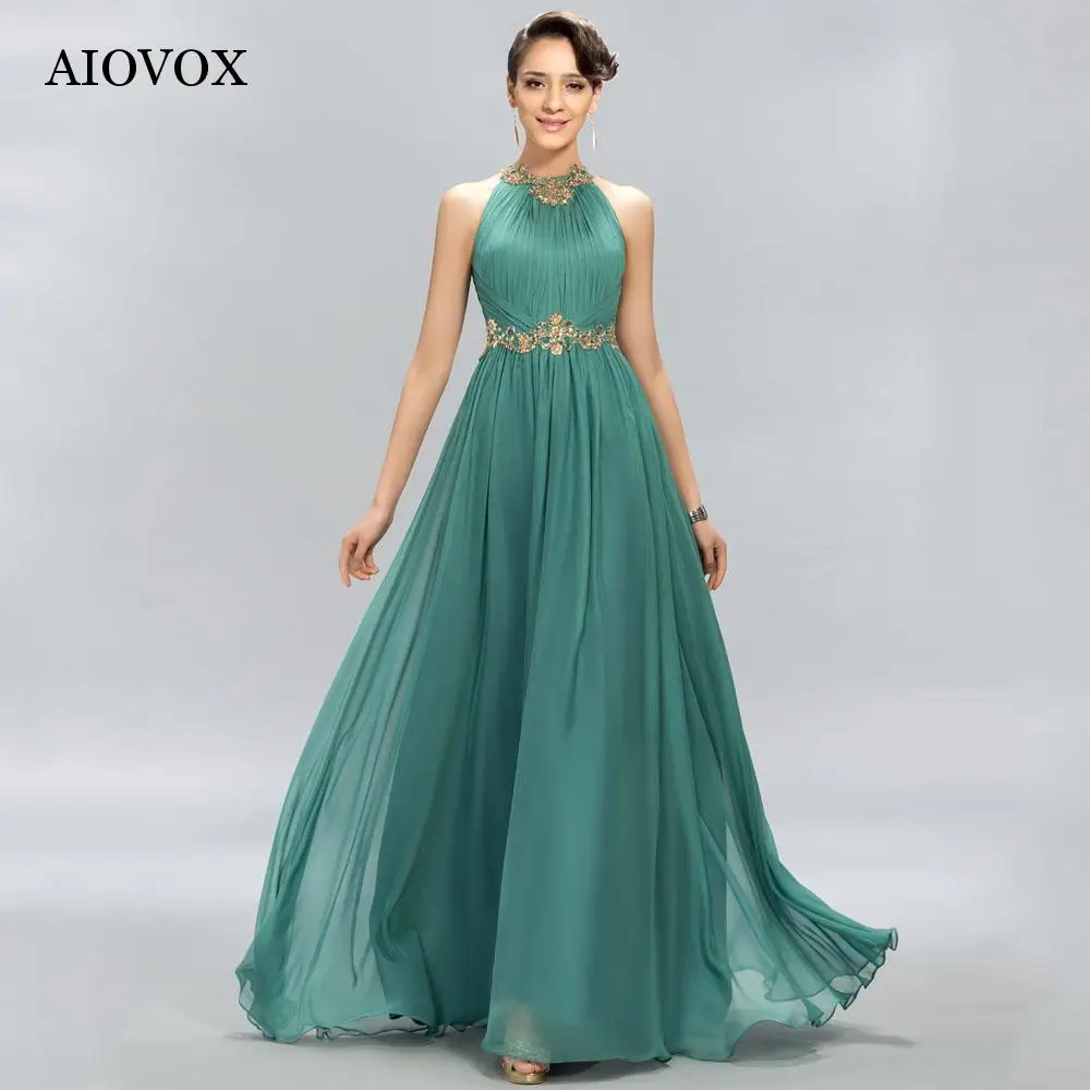 Top Trends: AIOVOX Vintage A-Line Chiffon Evening Dresses Halter Beading Elegant Party Dress Floor-Length Sleeveless Vestido De Noche Shoppable Styles