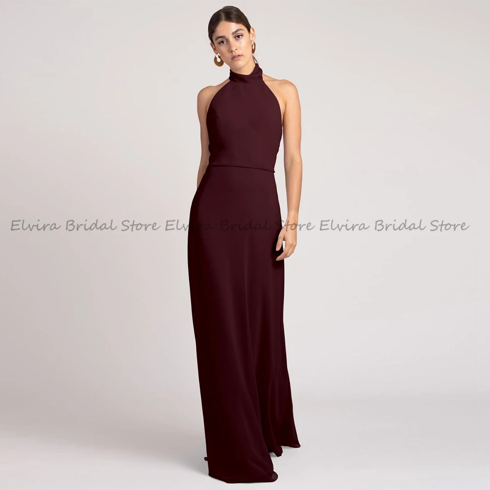 Top Trends: Fashion A-Line Bridesmaid Dresses Burgundy 2023 Ladies With Sweep Train Halter High Neck Sleeveless Backless Chiffon Party Gowns Shoppable Styles