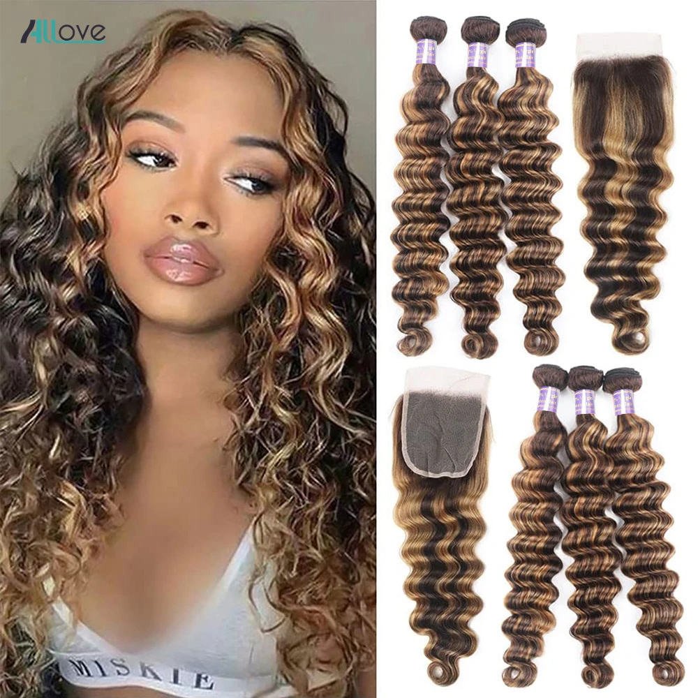 Top Trends: Allove Highlight Loose Deep Wave Bundles With Closure 4x4 Lace Closure With Bundles Brazilian Remy Ombre Honey Blonde Bundles Shoppable Styles