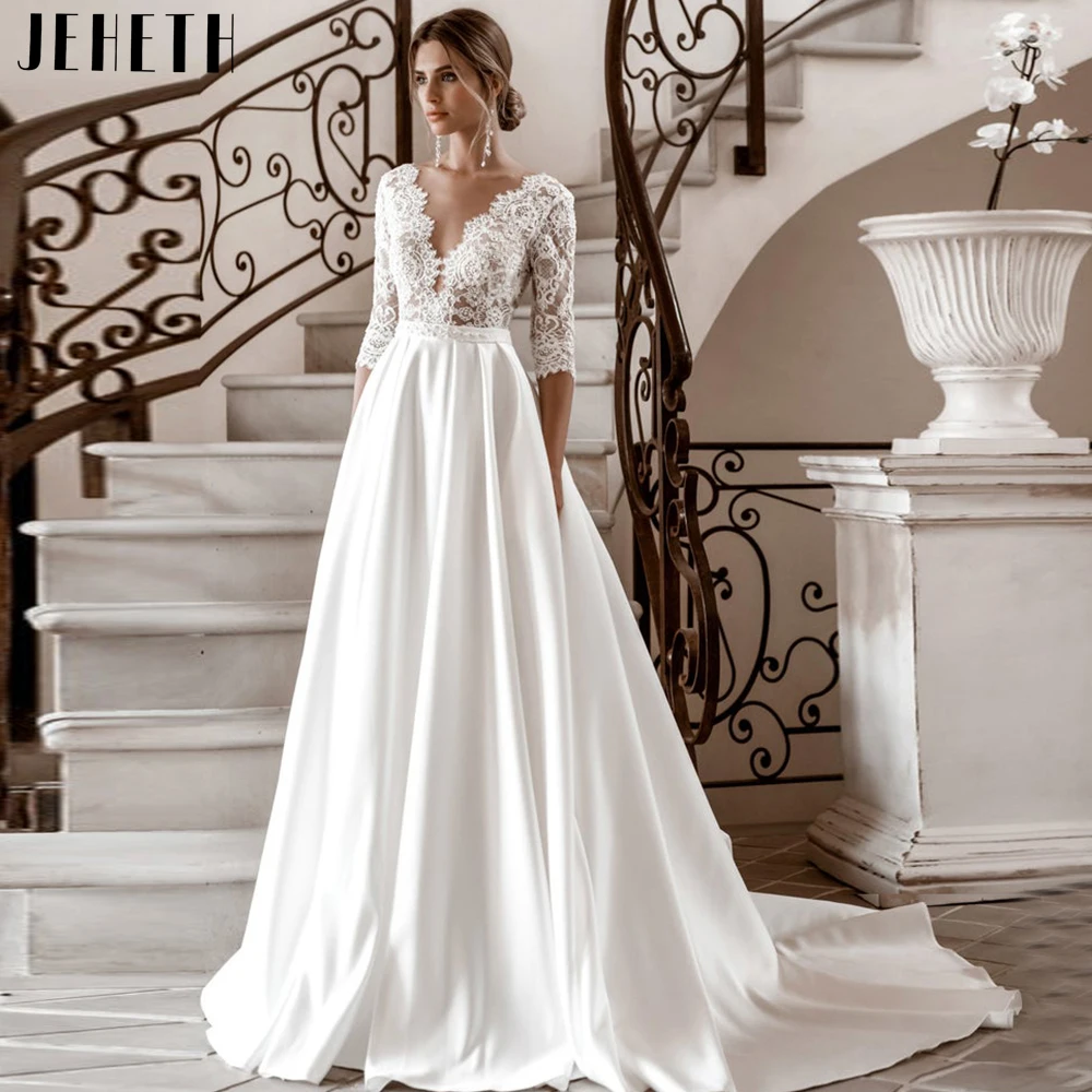 Top Trends: Simple Wedding Dresses For Women Three Quarter Sleeve V Neck Sweep Train Floor Length Button Lace Satin Bridal Gowns Plus Size Shoppable Styles - Image 3