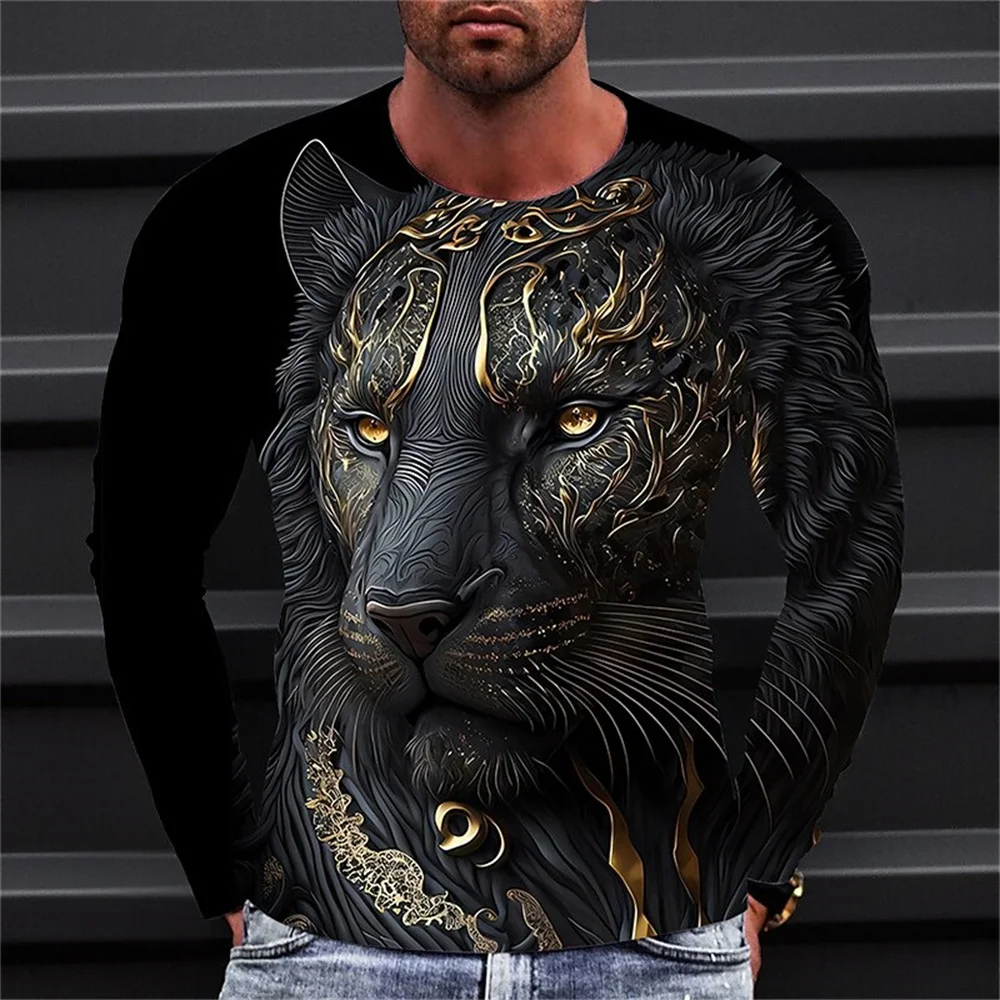 Top Trends: 2023 Autumn Plus Size T-shirt Men's Clothing Men's T-shirt 3D Animal Print O-Neck Long Sleeve Top Casual Street Vintage T-shirt Shoppable Styles