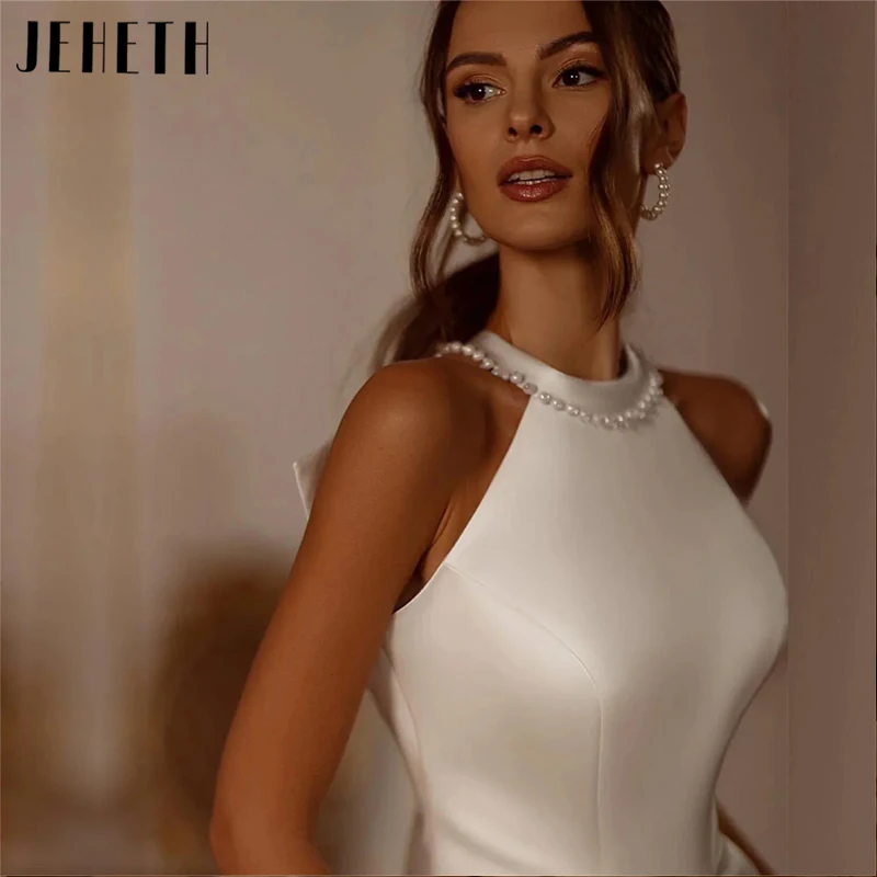 Top Trends: JEHETH Satin Halter Neck Wedding Dresses Women Bow Backless Split Bridal Gowns Sleeveless Elegant Pearl A-Line Vestidos De Novia Shoppable Styles - Image 3