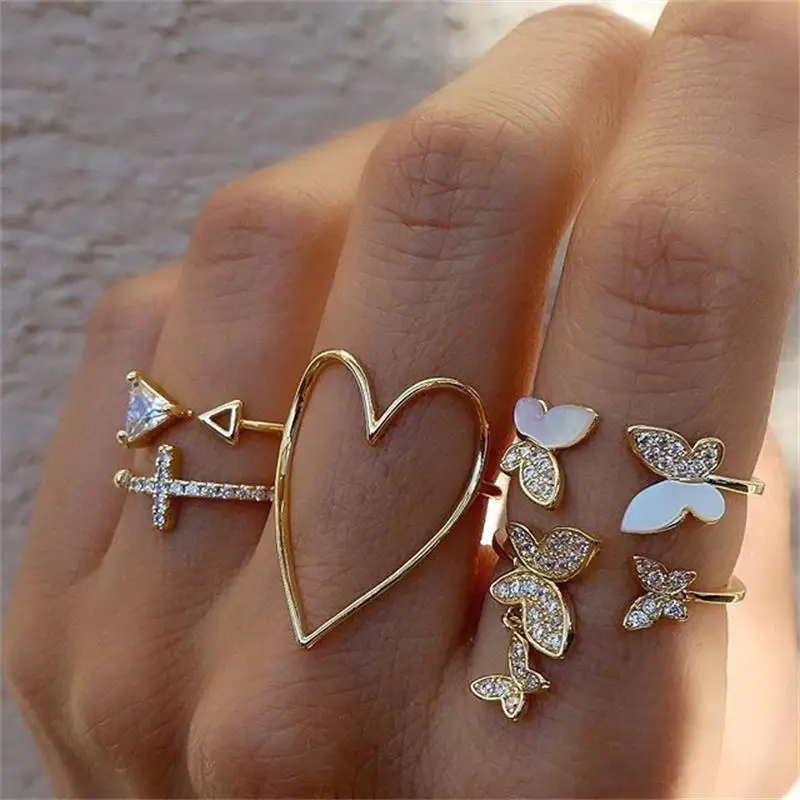 Top Trends: Fashion Hollow Heart Butterfly Ring Set For Women Shining Crystal Cross Finger Rings Charm Party Wedding Jewelry Gift Shoppable Styles