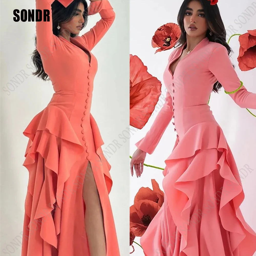 Top Trends: SONDR Pink Button V Neck Tiered Saudi Arabic Evening Dresses Pleats Satin Long Sleeves Dubai Formal Dress Women Prom Party Gowns Shoppable Styles