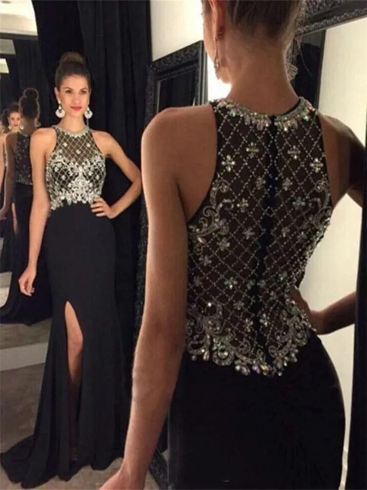 Top Trends: Prom Dresses Black Bling Jewel Neck Sleeveless Beads Crystal Side Split Mermaid Sheath Long Sheer Back Party Dress Ev Celeb Shoppable Styles