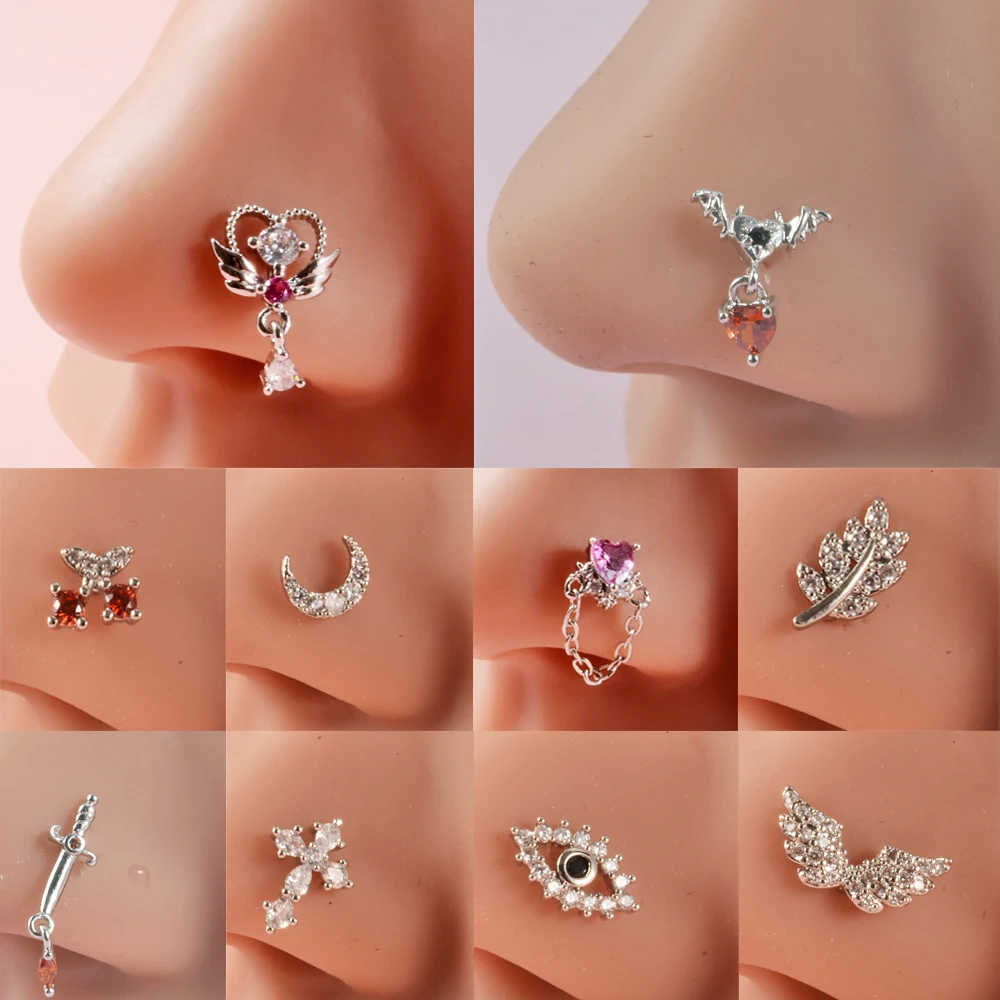 Top Trends: 1PC Surgical Steel Cz Demon Angel Nose Studs Crystal Heart Dangle L Shape Nose Bone Ring Studs Ear Tragus Piercing Jewelry 20G Shoppable Styles