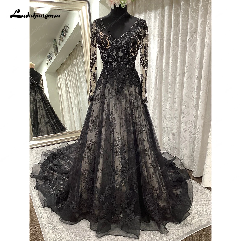 Top Trends: Gothic Black A Line Long Sleeve V Neck Wedding Dress Lace Appliques 2023 Robe Bridal Boho Gowns For Women Trouwjurk Shoppable Styles