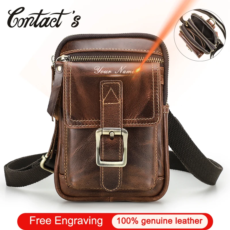 Top Trends: Contact's Vintage Men Shoulder Bag Engraving Genuine Leather Flap Small Crossbody Bags For Men Phone Pocket Fanny Pack Waist Bag Shoppable Styles