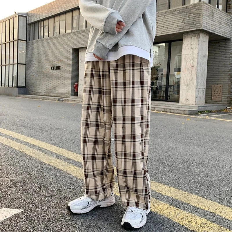 Top Trends: 2022 Plaid Pants Men Linens Korean Checked Trousers Male Streetwear Fashion Bottoms Summer Wide Leg Pants Harajuku Breathable Shoppable Styles