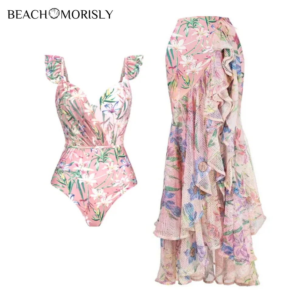 Top Trends: 2024 Women's Swimsuits 2 Pieces Floral Print One Piece And Mesh Splicing Skirt Summer Swimwear Women Beachwear Bathing Suit Shoppable Styles