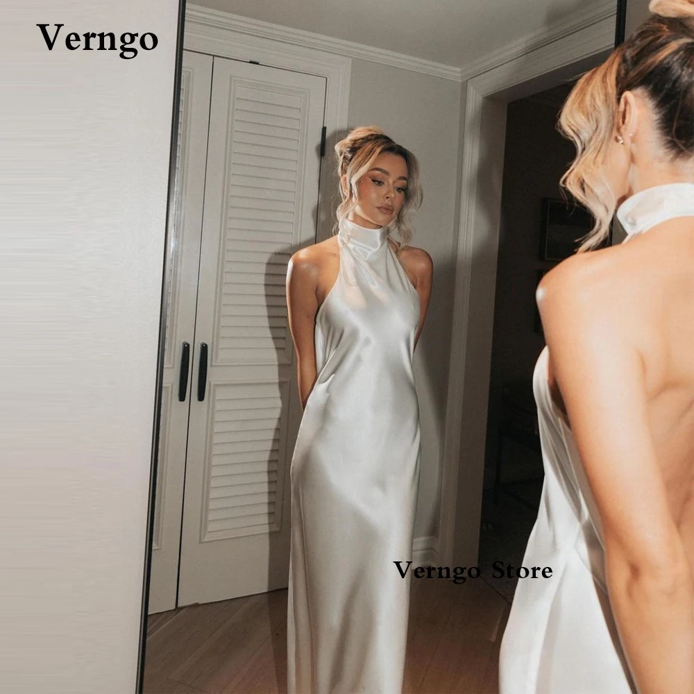 Top Trends: Verngo Sexy Open Back Silk Satin Straight Wedding Dresses Beach High Neck Women Floor Length Party Evening Gowns Nightclothes Shoppable Styles