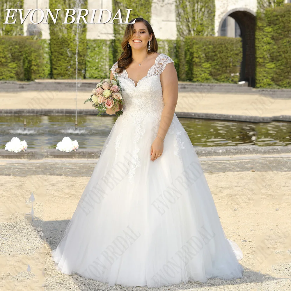 Top Trends: EVON BRIDAL Plus Size Lace Up Wedding Dresses Cap Sleeves Double V-Neck Tulle A-Line Bride Gowns Applique Vestidos Novias Boda Shoppable Styles