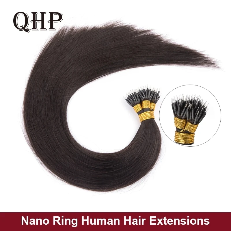 Top Trends: QHP Straight Natural Nano Rings Hair Extensions 100% Remy Human Hair Micro Beads Brown Blonde Color 50g / Set Micro Link Extension Shoppable Styles