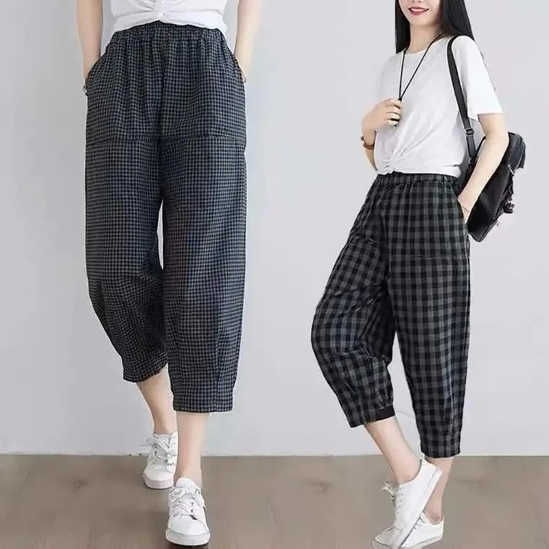 Top Trends: 2021 Spring Summer Plaid Pants Women's Harem Pants Capris Drawstring Waist Large Size Casual Loose Cotton Linen Trousers Women Shoppable Styles