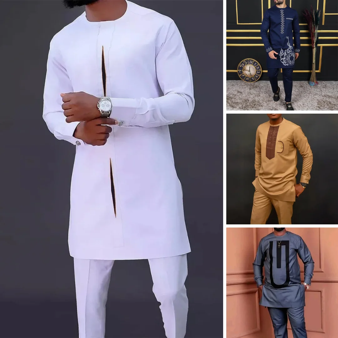 Top Trends: Men Dashiki Long Clothes Shirt White Trouser Set Mens 2 Pieces Outfit Suit Traditional Male Clothes T-shirt Pant Suits For Men Shoppable Styles