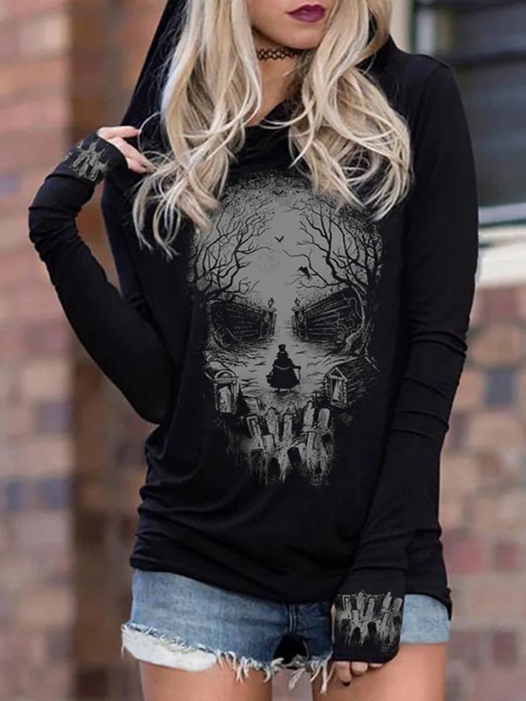 Top Trends: Crazy Horror Hoodies Women Gothic Hooded Sweatshirts Skull Silhouette Long Sleeve Tops Y2k Streetwear Sweatshirts Pullover Shoppable Styles