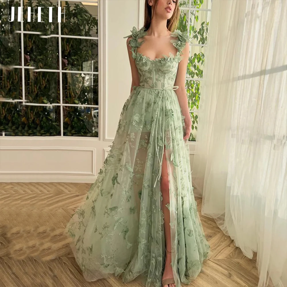 Top Trends: JEHETH Green Butterfly Tulle Prom Dress Spaghetti Straps Side Split Sweetheart Backless A Line Evening Graduation Party Gown Shoppable Styles