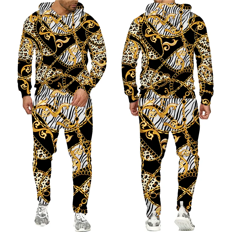 Top Trends: Golden Lion Pattern Men's Tracksuit Fashion Hooded Sports Wear Outfits Baroque Style Hoodie / Pants / Suit Male Thin Two Pieces Sets Shoppable Styles - Image 5