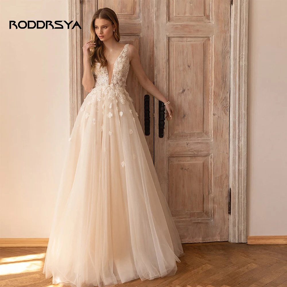 Top Trends: RODDRSYA Princess Wedding Dress 3D Flower V Neck Sleeveless Backless Lace Appliques A Line Tulle Bridal Gown Vestidos De Novia Shoppable Styles