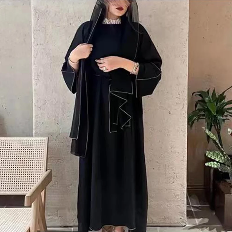 Top Trends: Ramadan Muslim Open Abaya For Women Dubai Long Dress Four Pieces Muslim Sets Turkey Islamic Stitching Abayas With Belt Hijab Shoppable Styles